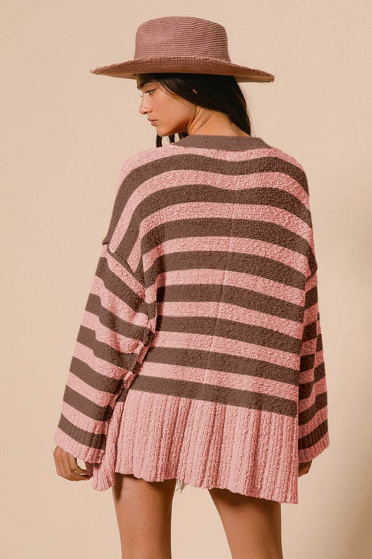 BiBi Slit Striped V-Neck Button Up Cardigan - Hovatok