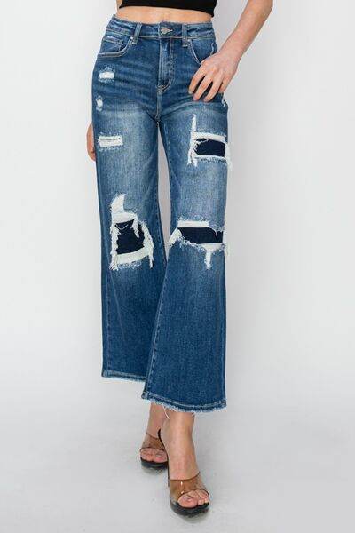 Risen Full Size High Rise Patch Detailed Wide Leg Crop Jeans - Hovatok