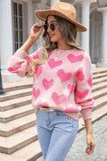 Angel Wings Round Neck Dropped Shoulder Sweater with Heart Pattern - Hovatok
