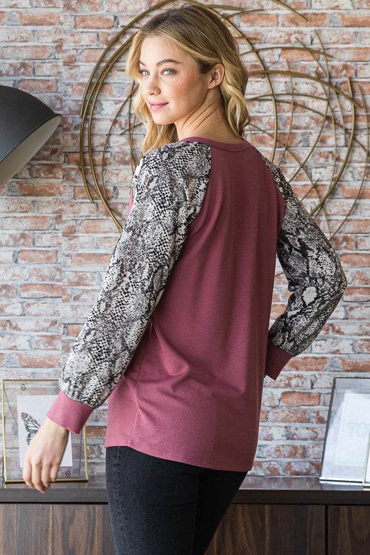 Heimish Full Size Snakeskin Print Raglan Sleeve Half Button Top - Hovatok