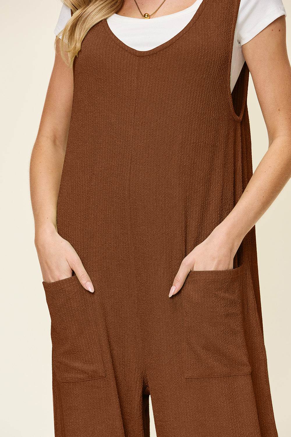 Double Take Full Size Texture Sleeveless Wide Leg Jumpsuit - Hovatok