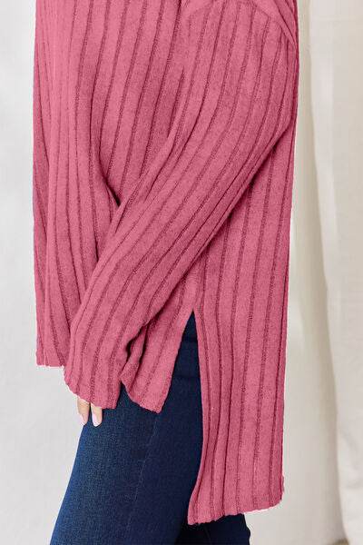 Basic Bae Full Size Ribbed Half Button Long Sleeve High-Low T-Shirt - Hovatok