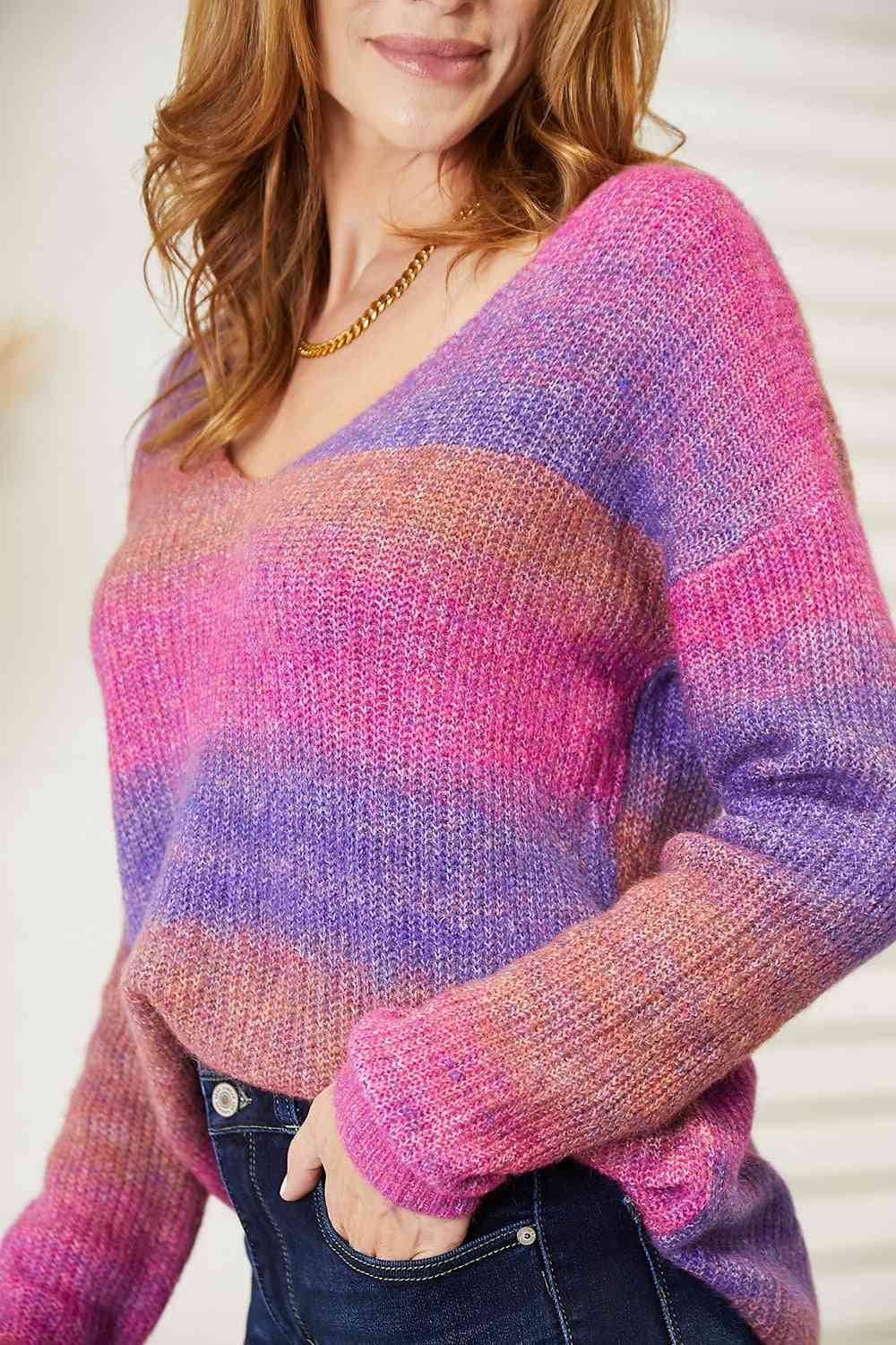 Angel Wings Multicolored Rib-Knit V-Neck Knit Pullover - Hovatok