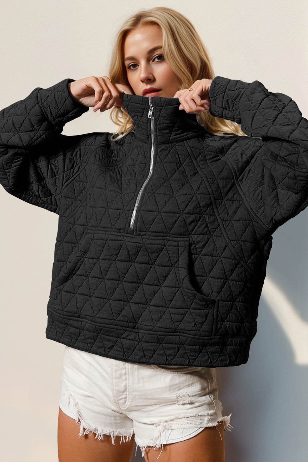 Double Take Half Zip Long Sleeve Quilted Sweatshirt with Pocket - Hovatok