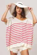 BiBi V Neck Striped Short Sleeve Top - Hovatok