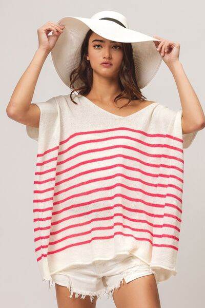 BiBi V Neck Striped Short Sleeve Top - Hovatok