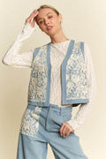 Davi & Dani Lace Patch Open Front Denim Vest - Hovatok