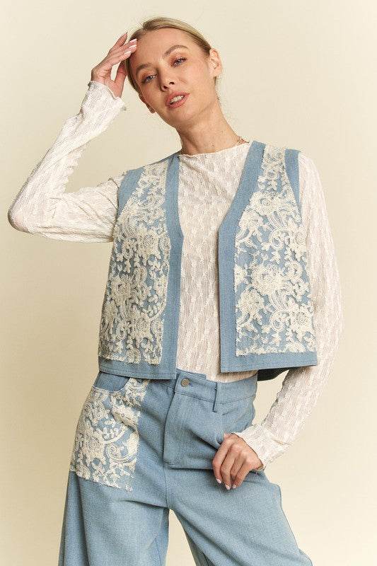 Davi & Dani Lace Patch Open Front Denim Vest - Hovatok