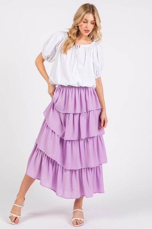 Mittoshop Chiffon Ruffle Layer Elastic Waist Midi Skirt - Hovatok