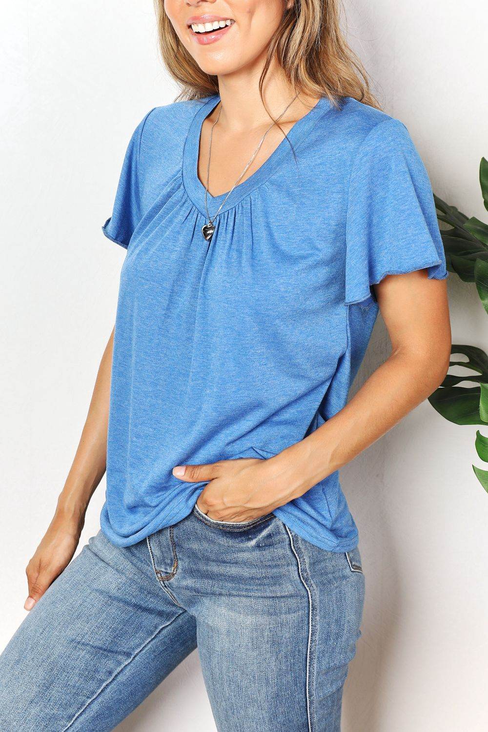 Double Take Ruched V-Neck Short Sleeve T-Shirt - Hovatok