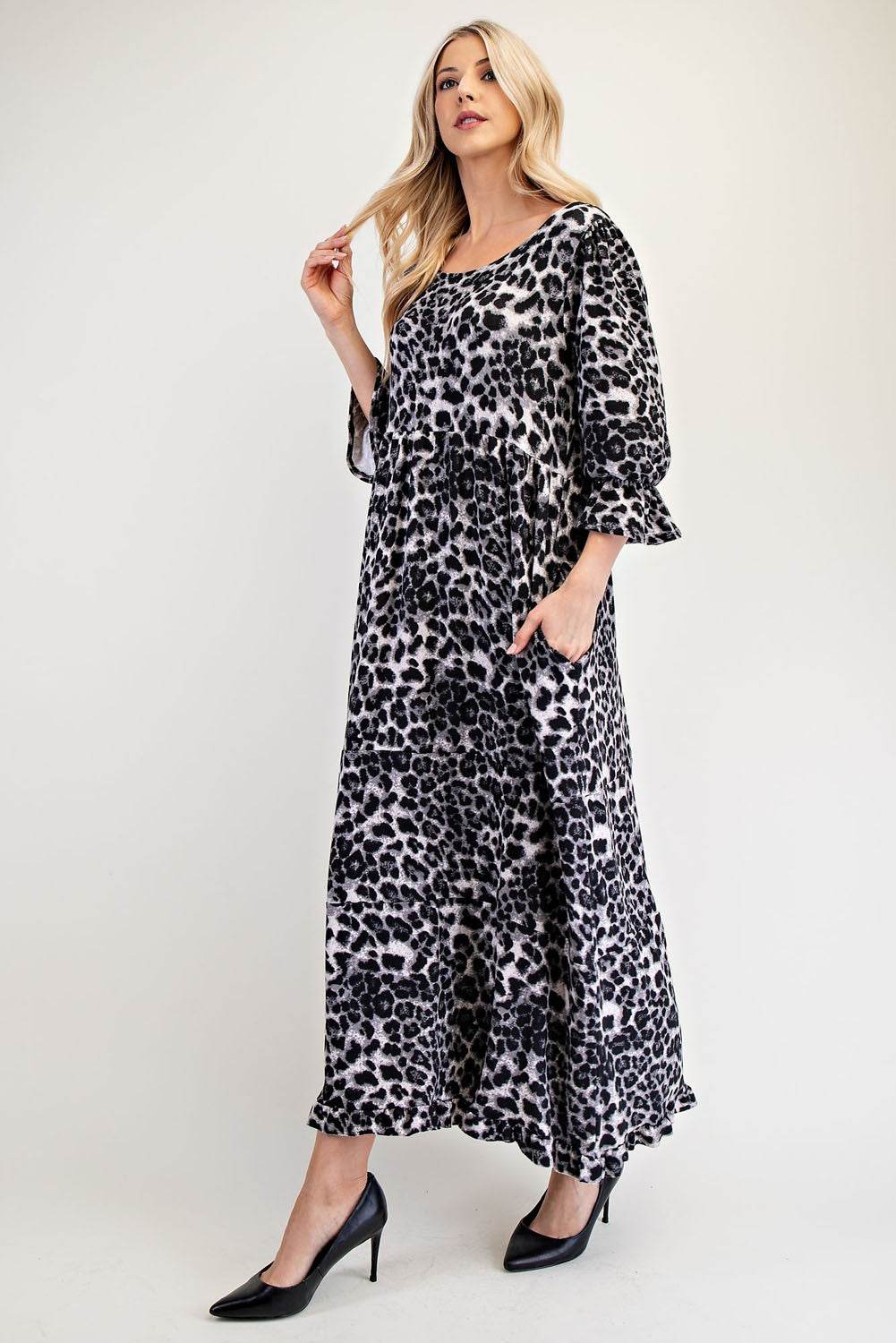 Celeste Full Size Leopard Round Neck Flounce Sleeve Dress - Hovatok