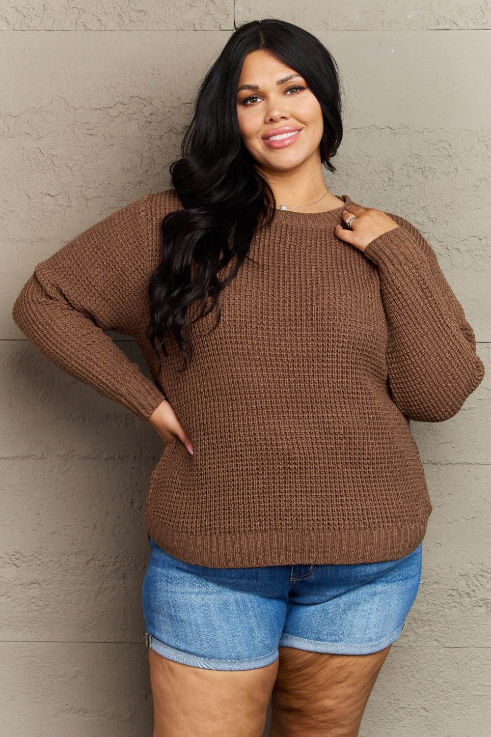 Zenana Breezy Days Plus Size High Low Waffle Knit Sweater - Hovatok