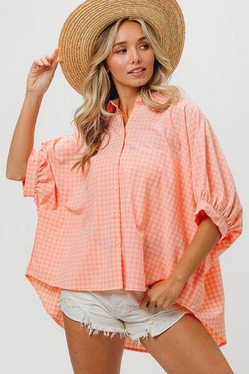 BiBi Plaid Button Up Dolman Sleeve Shirt - Hovatok