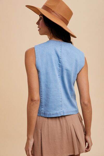 Annie Wear Button Down V-Neck Denim Vest - Hovatok