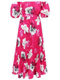 Pleated Floral Off-Shoulder Short Sleeve Midi Dress - Hovatok