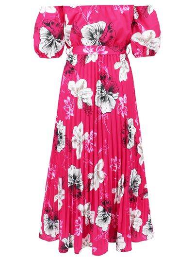 Pleated Floral Off-Shoulder Short Sleeve Midi Dress - Hovatok