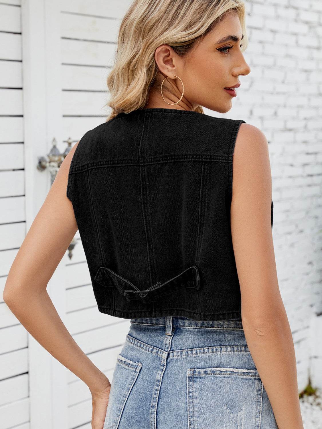 V-Neck Button Down Denim Vest - Hovatok