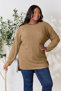 Basic Bae Full Size Ribbed Round Neck Long Sleeve Slit Top - Hovatok