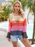 Angel Wings Color Block Openwork Boat Neck Cover Up - Hovatok