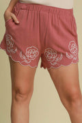 Umgee Full Size Linen Blend Shorts with Floral Embroidered Details Plus Size - Hovatok