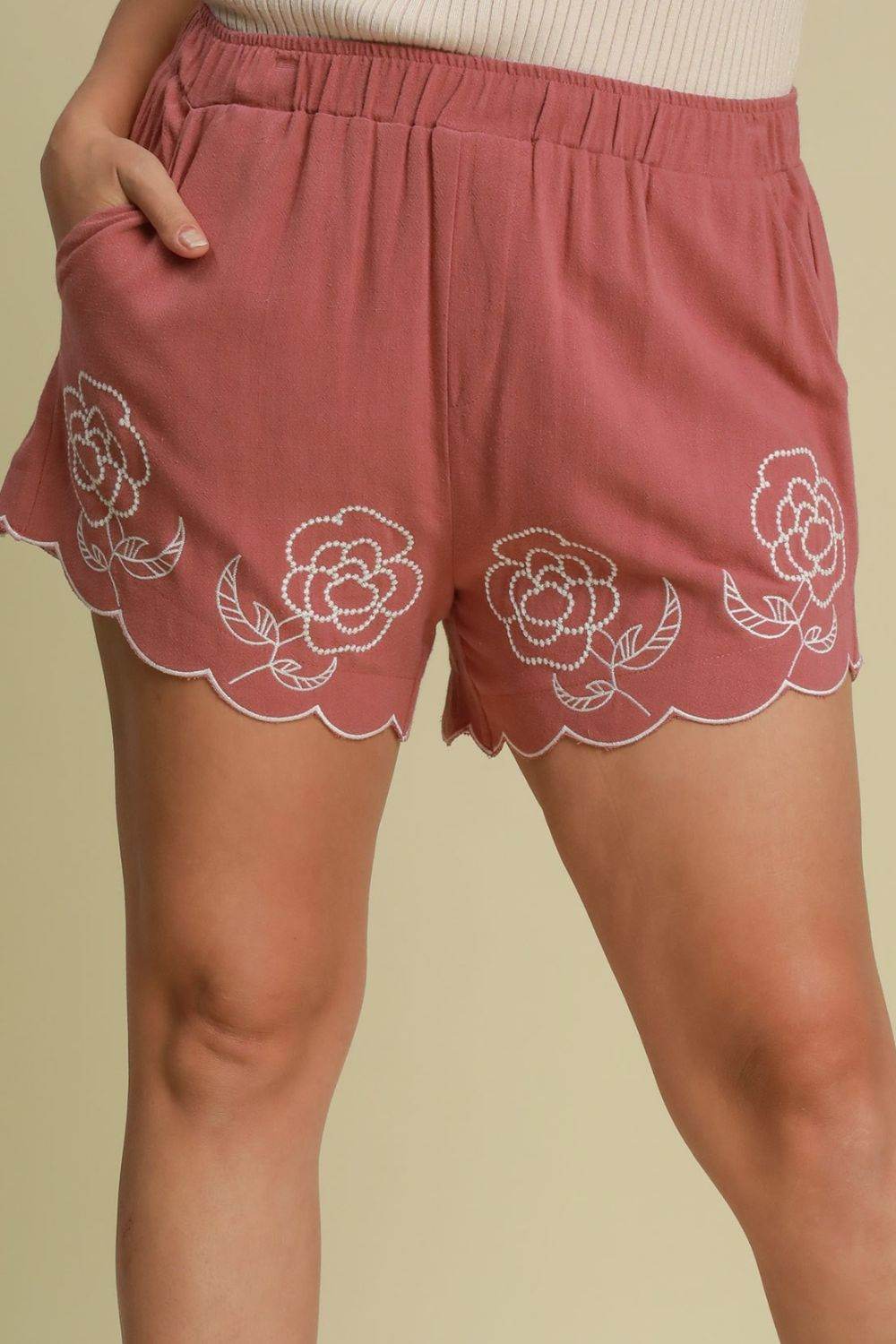 Umgee Full Size Linen Blend Shorts with Floral Embroidered Details Plus Size - Hovatok