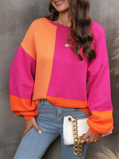 Angel Wings Color Block Round Neck Sweater - Hovatok