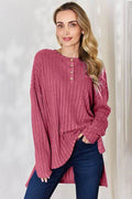 Basic Bae Full Size Ribbed Half Button Long Sleeve High-Low T-Shirt - Hovatok
