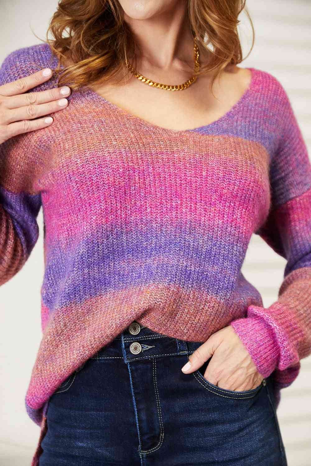 Angel Wings Multicolored Rib-Knit V-Neck Knit Pullover - Hovatok