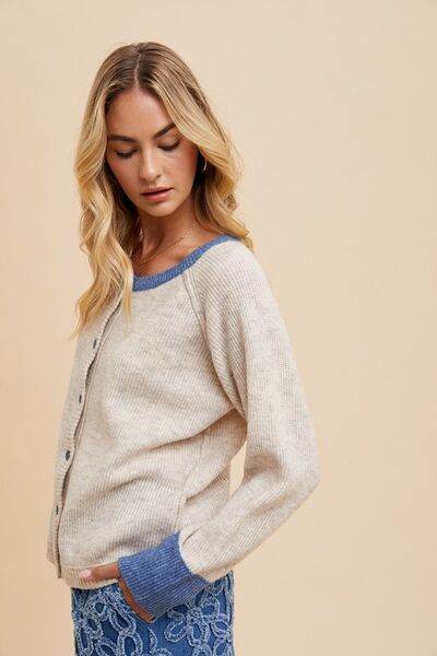 Annie Wear Contrast Trim Button Down Raglan Sleeve Cardigan - Hovatok
