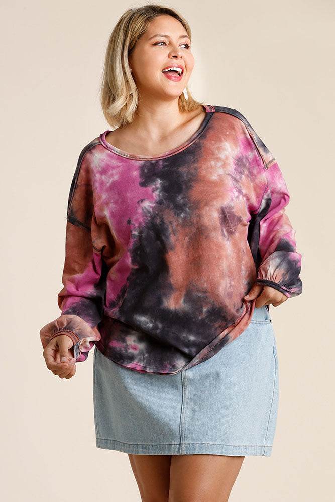 Umgee Full Size Tie Dye Round Neck Long Balloon Sleeve Top Plus Size - Hovatok