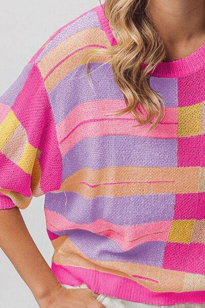BiBi Multi Color Striped Round Neck Knit Top - Hovatok