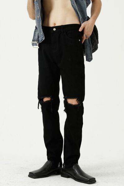Distressed Mid Rise Jeans with Pockets - Hovatok