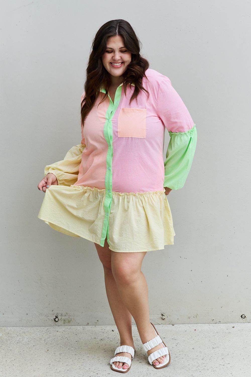 Davi & Dani Flying Colors Full Size Colorblock Long Sleeve Shirt Dress - Hovatok