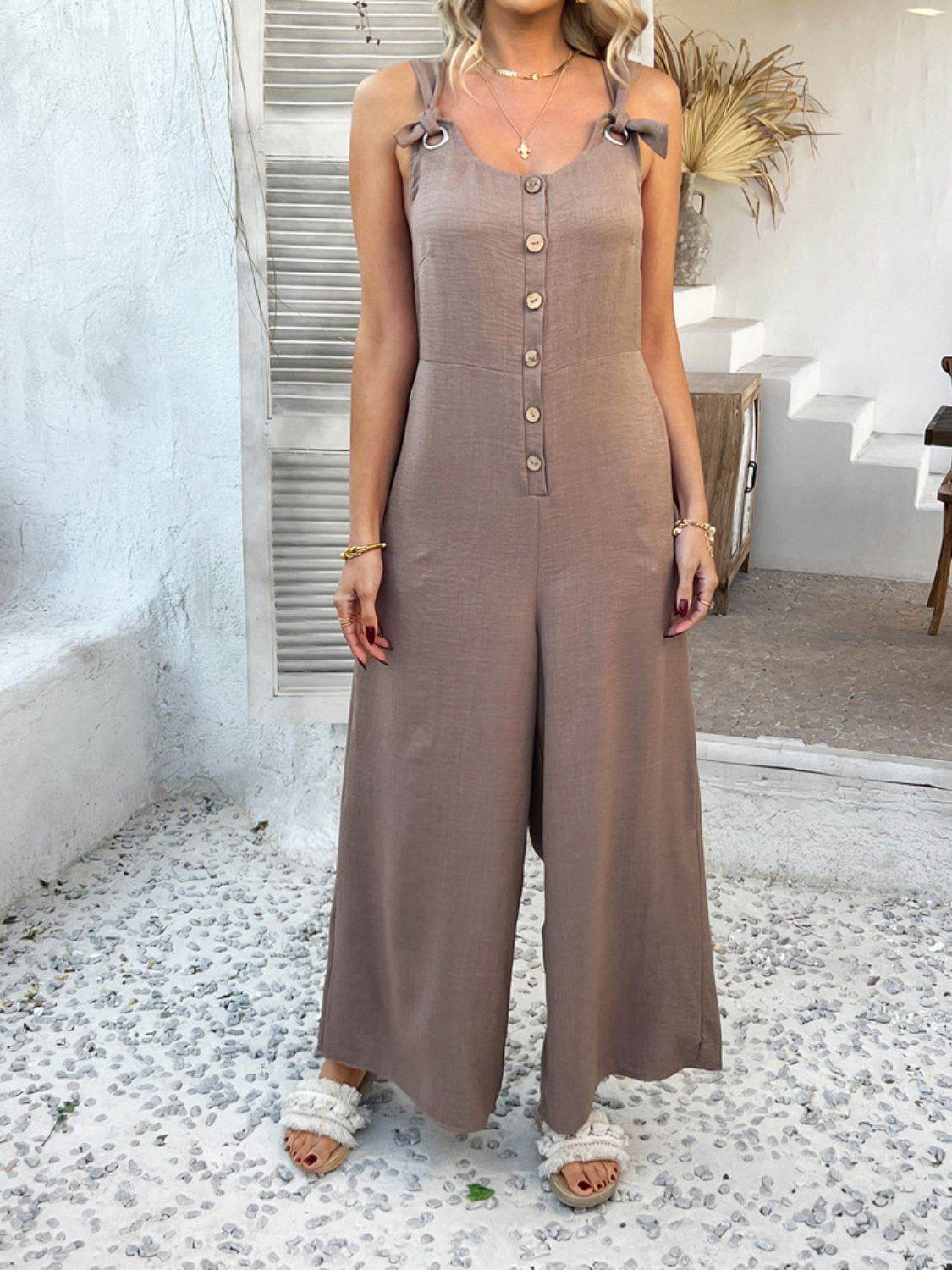Devine Button Front Knotted Strap Wide Leg Jumpsuit - Hovatok