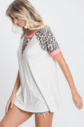HeimishFull Size Leopard Round Neck Short Sleeve T-Shirt with Stitch Plus Size - Hovatok