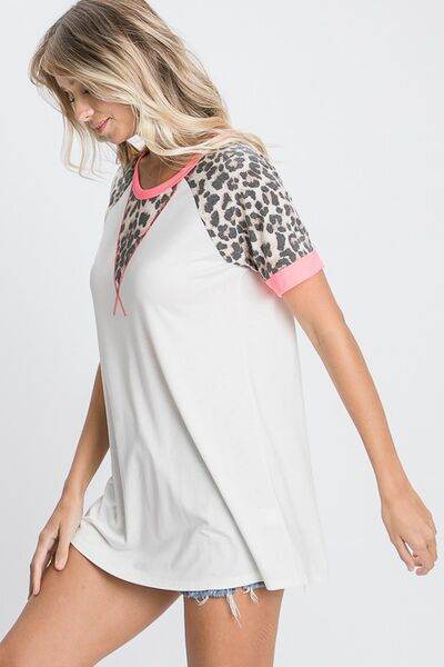 HeimishFull Size Leopard Round Neck Short Sleeve T-Shirt with Stitch Plus Size - Hovatok