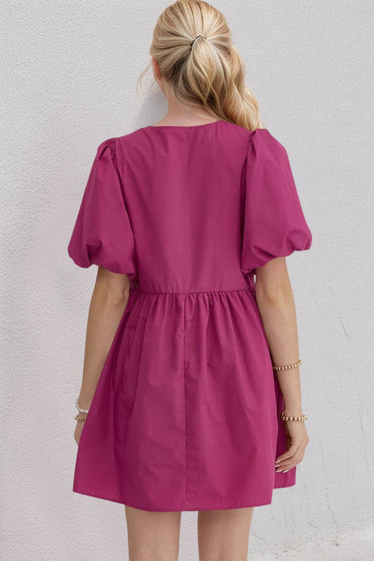Oh Bow Ruched Puff Sleeve Mini Dress - Hovatok