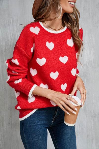 Angel Wings Contrast Trim Heart Round Neck Sweater - Hovatok