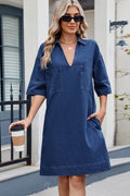Johnny Collar Half Sleeve Denim Dress - Hovatok