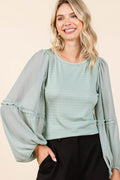 Mittoshop Mixed Media Textured Knit Chiffon Long Sleeve Top - Hovatok