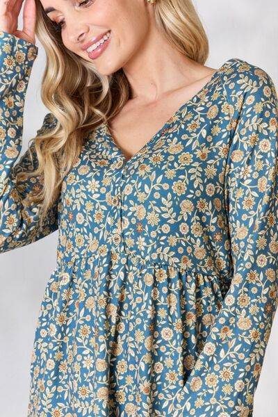 Heimish Full Size Floral Half Button Long Sleeve Blouse - Hovatok