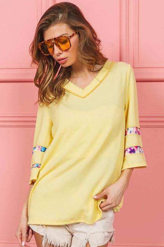 BiBi Cord Rib with Stitched Floral Contrast Top - Hovatok