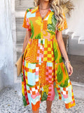 Devine Printed Johnny Collar Button Down Short Sleeve Midi Shirt Dress - Hovatok