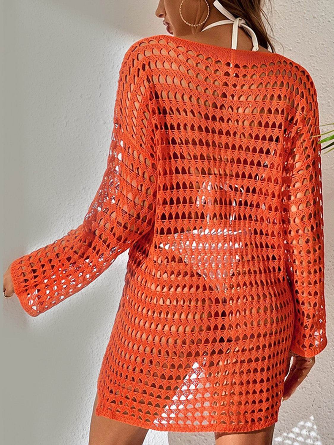 Openwork Boat Neck Long Sleeve Cover-Up - Hovatok