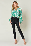 Double Take Full Size Printed Ruffle Trim Balloon Sleeve Shirt - Hovatok