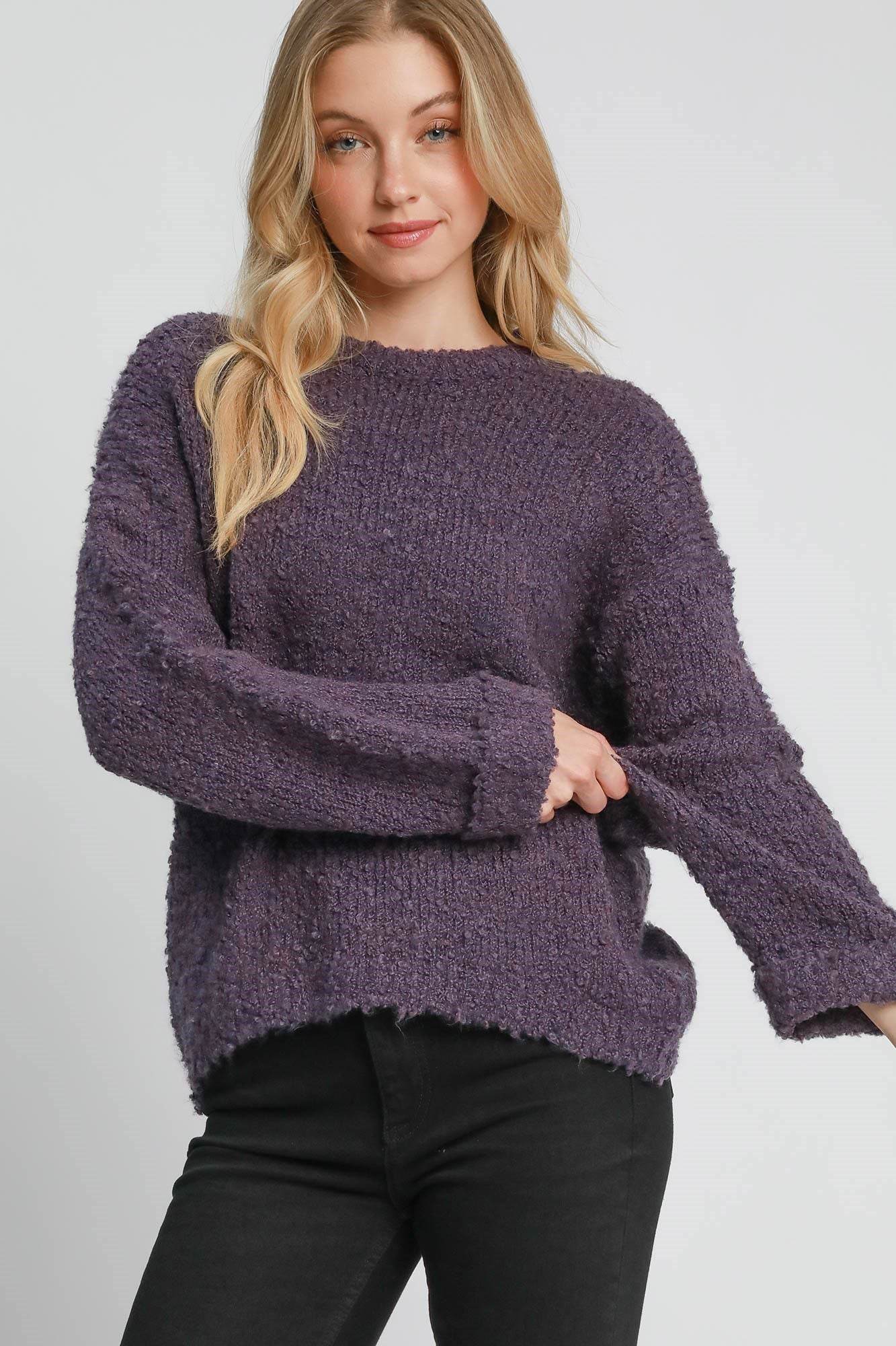 Umgee Full Size Round Neck Long Sleeve Boucle Sweater Plus Size - Hovatok