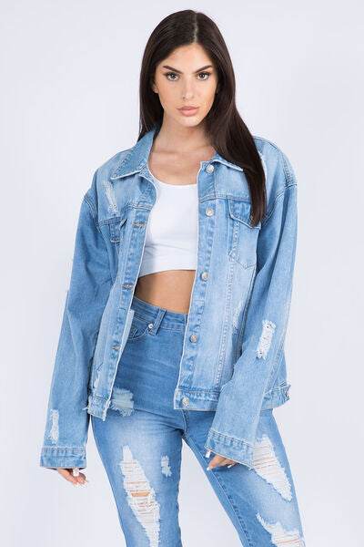 American Bazi Full Size Painted Back Distressed Denim Jacket - Hovatok