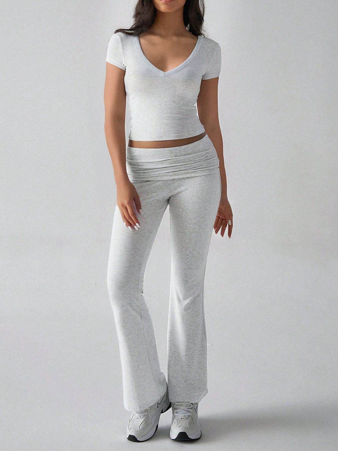 Devine V-Neck Top and Bootcut Leggings Set - Hovatok