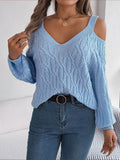 Cable-Knit Cold Shoulder Long Sleeve Sweater - Hovatok