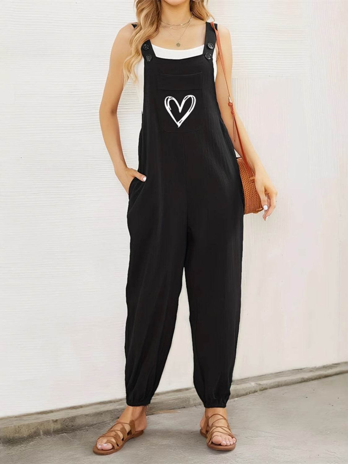 Heart Square Neck Wide Strap Overalls - Hovatok